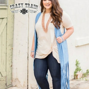 Blue Suede Fringe Studded Vest