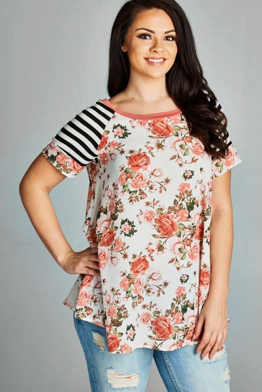 White Floral Stripe Sleeve Top