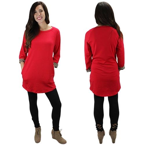 Red Leopard Cuff Pocket Tunic Dress