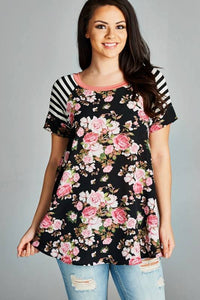 Black Floral Stripe Sleeve Top
