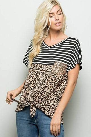 Leopard/Stripe Sequin Pocket Tie Top