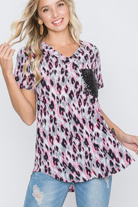 Neon Pink/Gry Leopard Black Sequin Pocket Tee