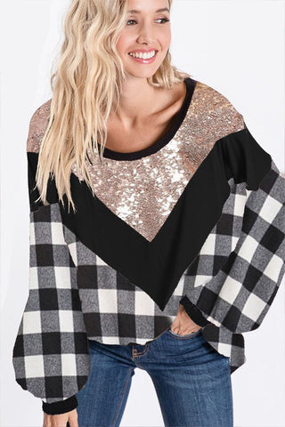 Black/White Pliad Gold Sequin V Contrast Top