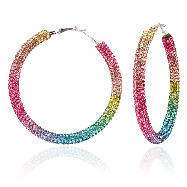 Rainbow Rhinestone Hoop Earrings
