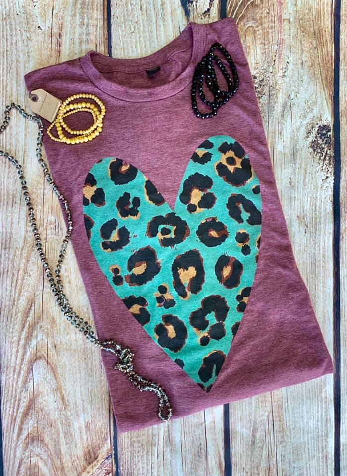 Wine Leopard Heart Tee