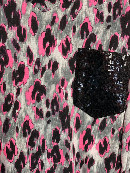 Neon Pink/Gry Leopard Black Sequin Pocket Tee