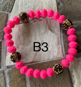 Neon Pink W/Leopard Accent Bead Bracelet