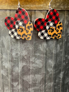 Triple Plaid Leopard Heart Earrings