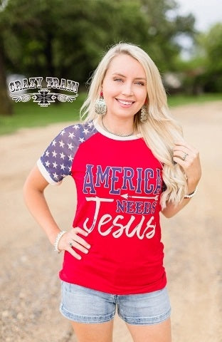 America Needs Jesus Mesh Sleeve Top