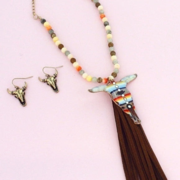 Mutli Bead Serape Bull Skull Necklace