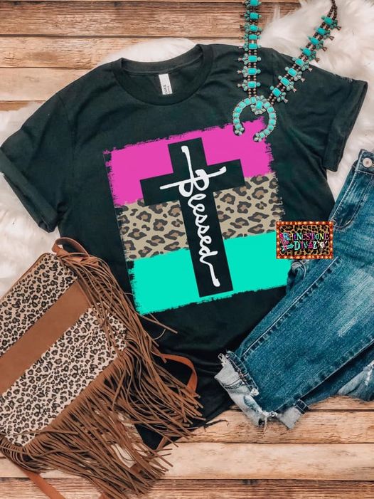 Pink/Teal Blessed Cross Tee