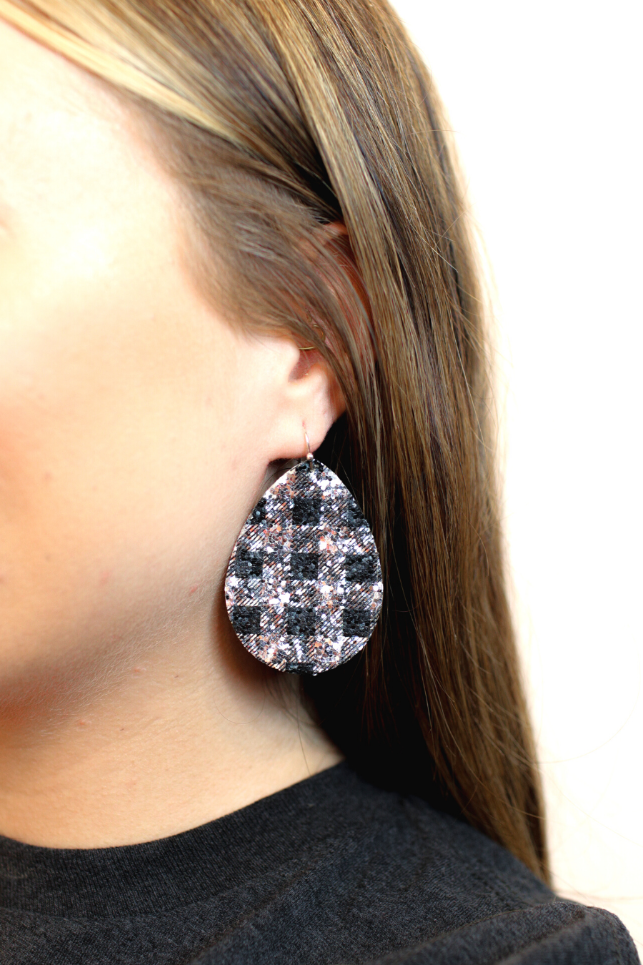 Black/White Buffalo Plaid Sparkle Earrings