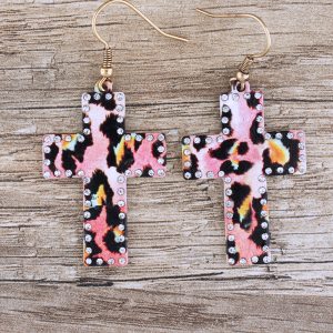 Pink Leopard Metal Cross Earrings