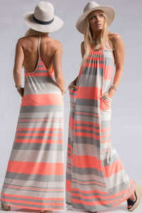 Neon Coral Stripe Maxi Dress