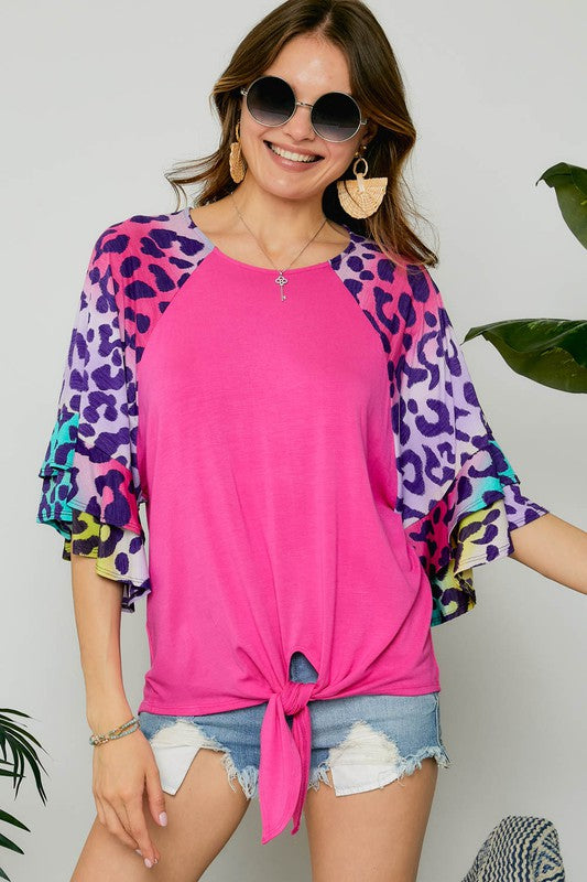 Rainbow Leopard Tie Front Sleeve Top