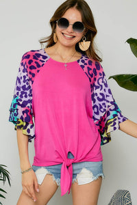 Rainbow Leopard Tie Front Sleeve Top