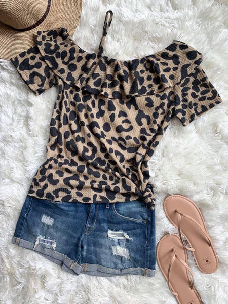 Leopard Waffle Off Shoulder Top