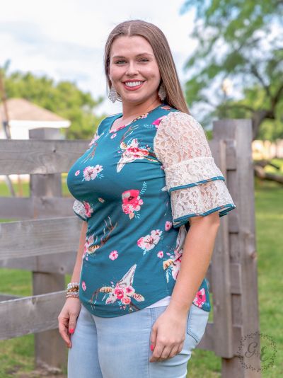 Bull Skull Lace Sleeve Top