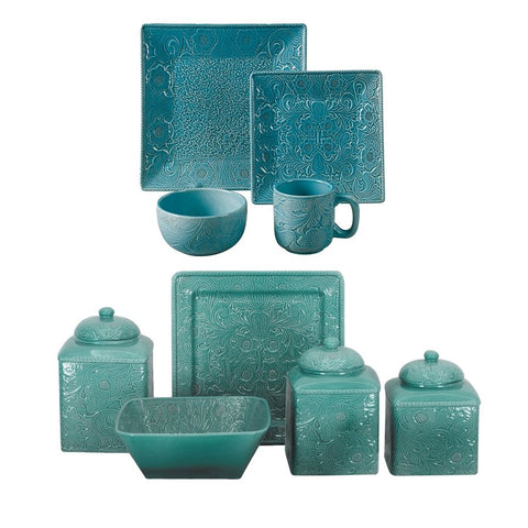 Savannah Turquoise 21 PC Dinnerware and Canister Set