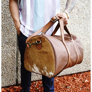 Cowhide with leather weekender duffel carry on bag
