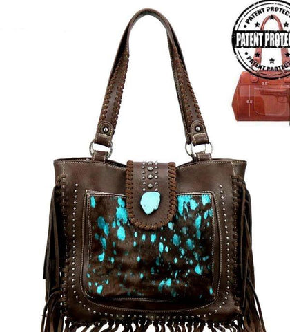 Turquoise and Brown Hair On Hide Fringe Purse