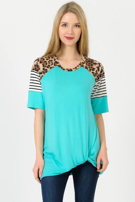 Teal Leopard Stripe Knot Top