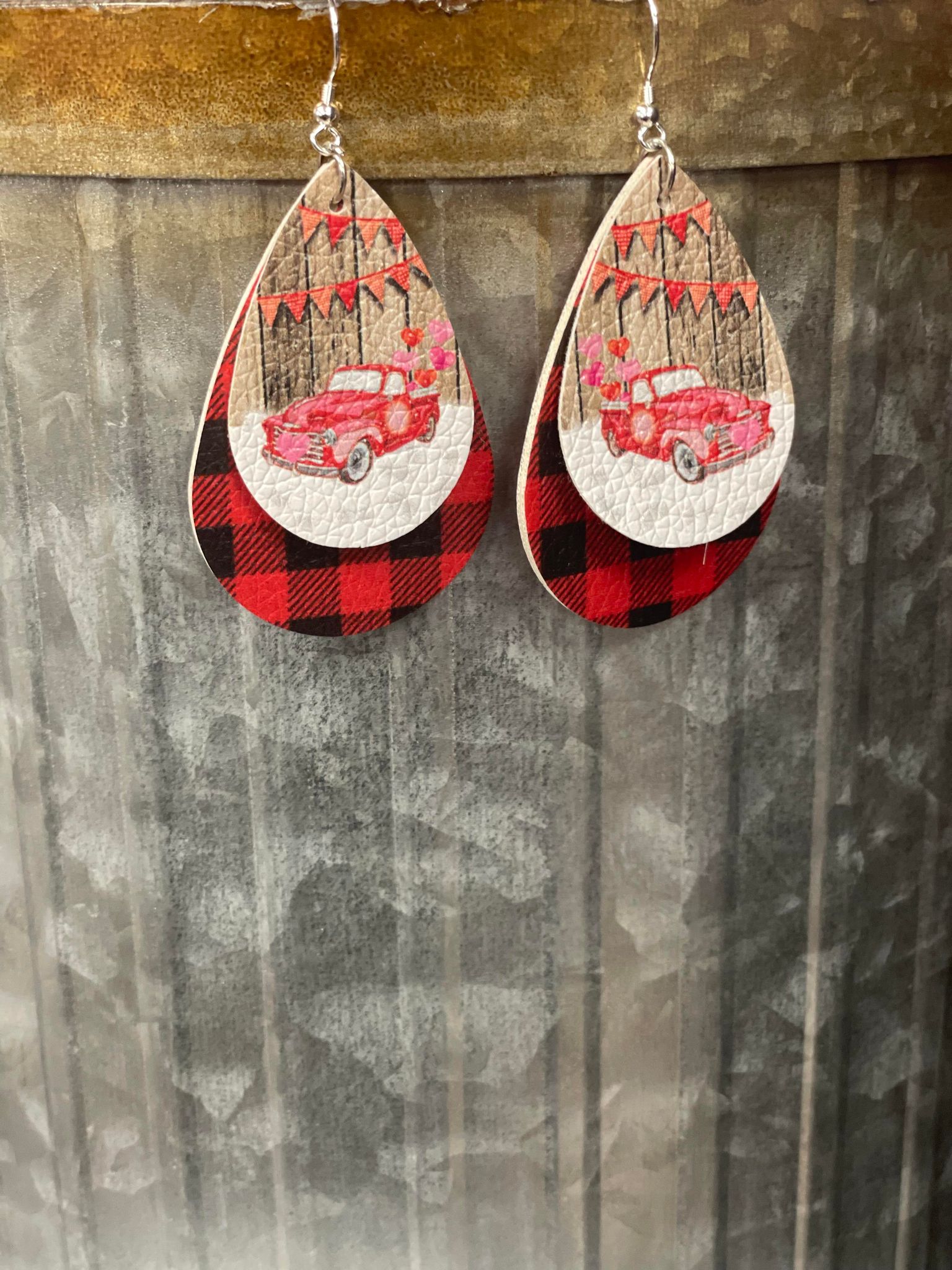 Plaid Valentine Truck Earrings