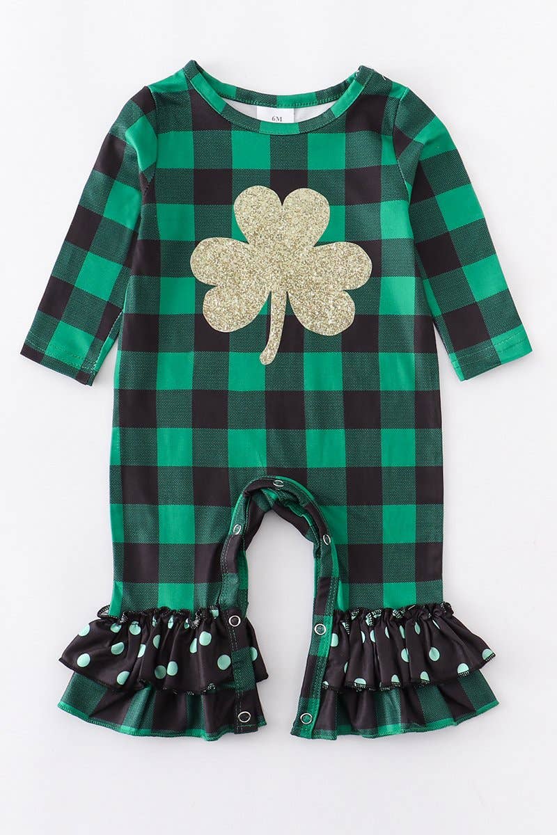 Green plaid clover ruffle baby romper