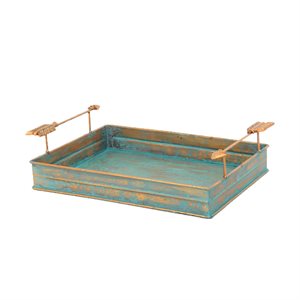 Turquoise Patina Metal Tray w / Arrow Handles