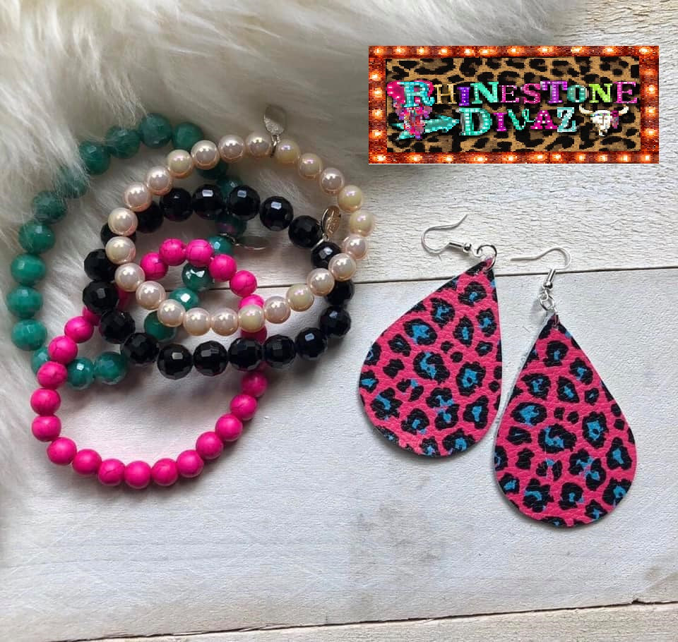 Hot Pink & Blue Leopard Leathe Earrings