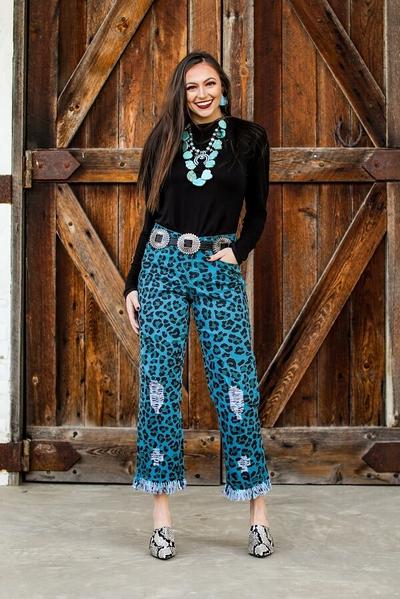 17056 Teal Leopard Distressed Jeans