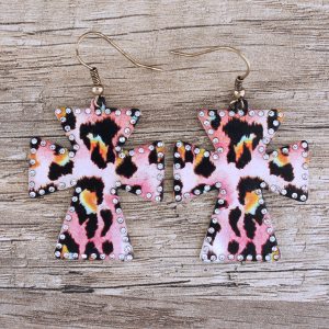 Pink Leopard Metal Cross Earrings