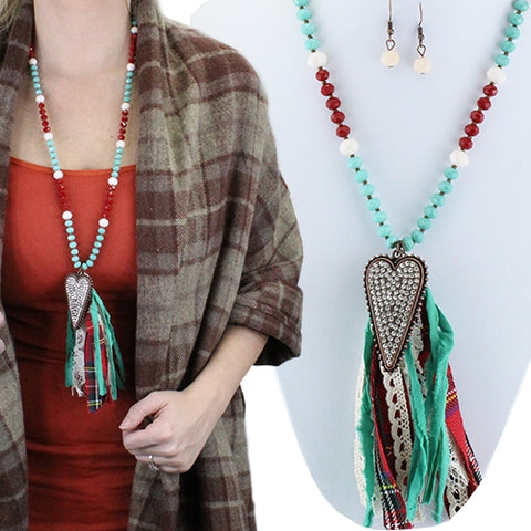 Red/Turquoise Heart Tassel Necklace
