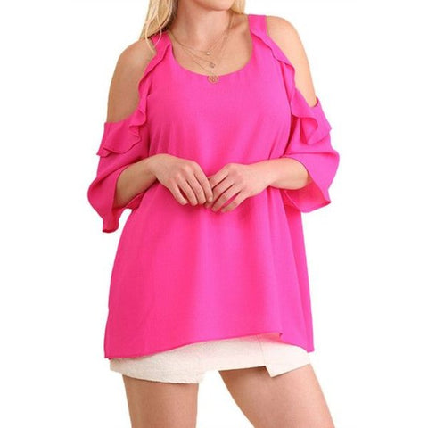 Pink Ruffle Cold Shoulder Top
