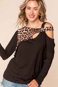 Black Leopard Criss Cross Cold Shoulder Top