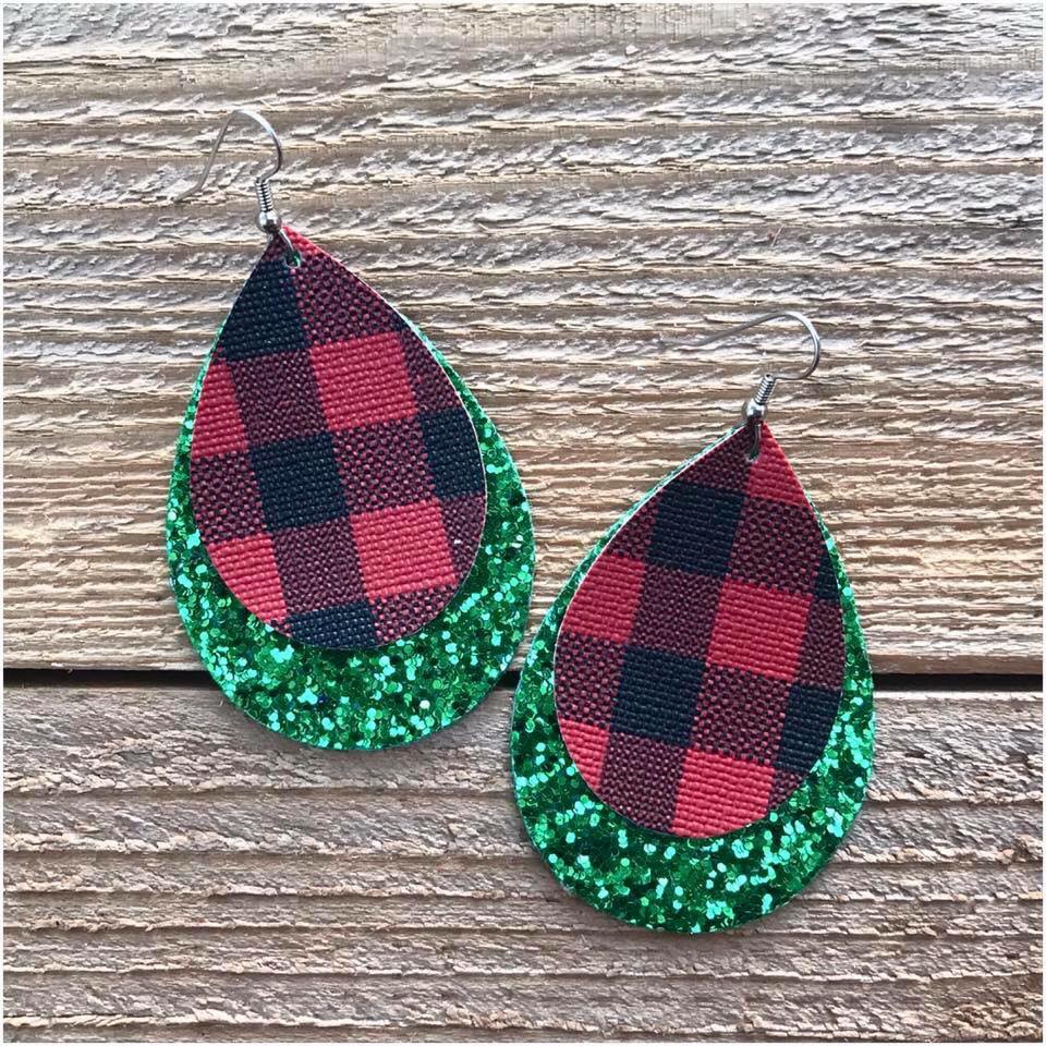 Plaid Green Glitter Layered Earrings