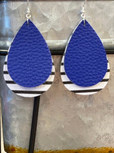 Blue Teardrop Black & White Stripe Layer Earrings