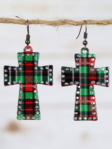 Plaid Cross Rhinestone Earrings