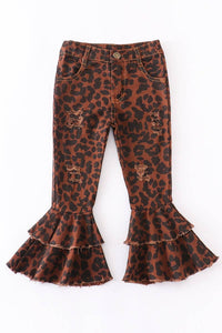 Girls Leopard double layered destressed denim jeans