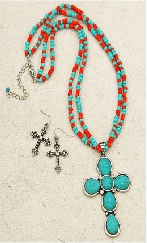 Orange/Turquoise Cross Necklace Set