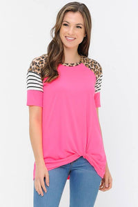 Pink Leopard Stripe Colorblock Top