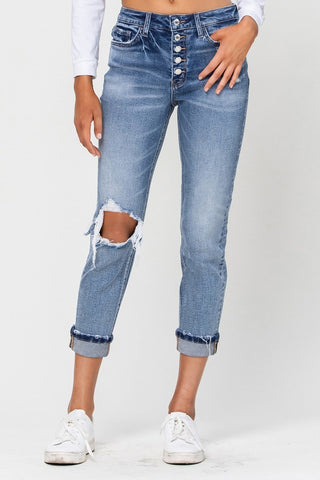 Fm Light Wash Distressed Knee Boyfriend Jean