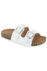 White Glitter Double Strap Birk Style Sandal