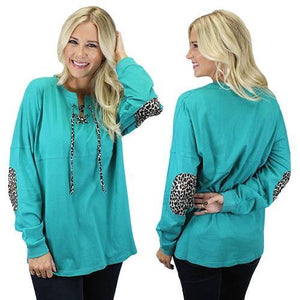 Teal Leopard Tie Elbow Patch Top