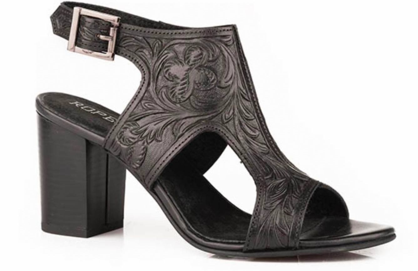 Black Floral Tooled Open Toe Sandal