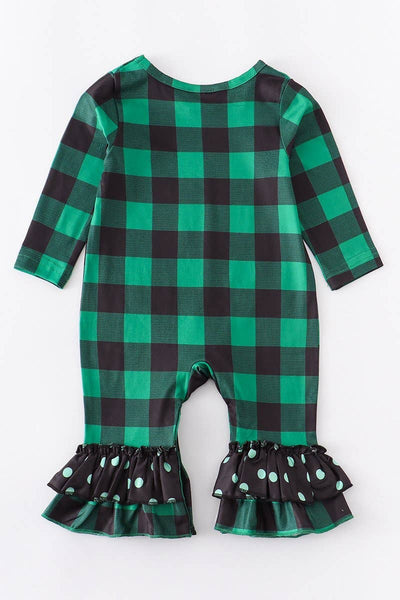 Green plaid clover ruffle baby romper