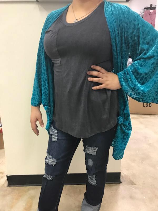 Teal Leopard Velour Cardigan
