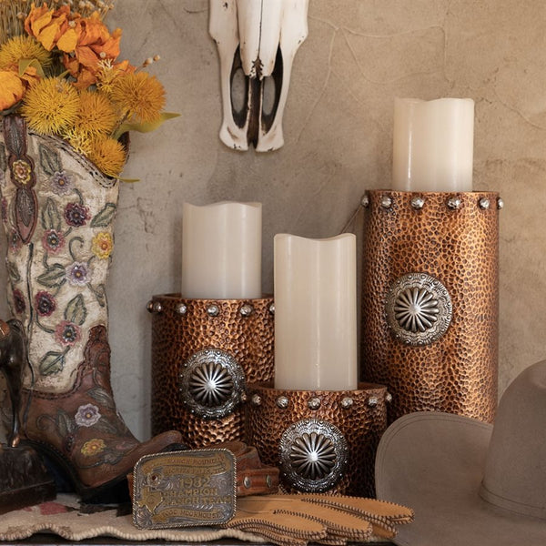 Faux Hammered Copper w / Concho Candle Holder (3-PC Set)