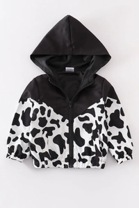 Girls Black Cow Hoodie Zipper Jacket