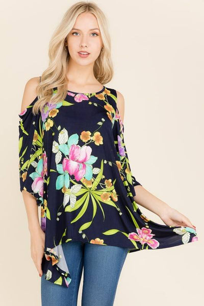 Navy Floral Cold Shoulder Top